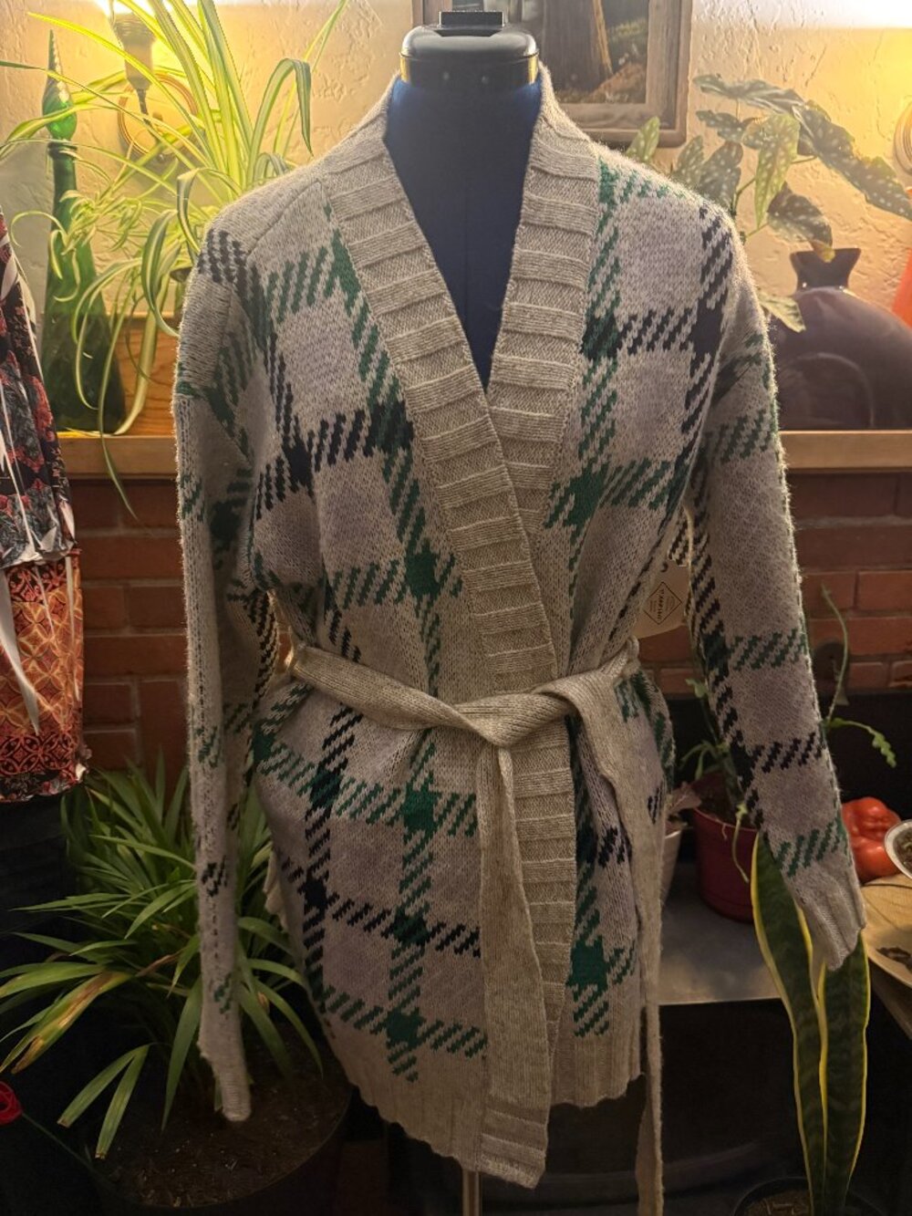 NWT St. John's Bay Plaid Belted Wrap Cardigan Sweater Medium Neutral Green